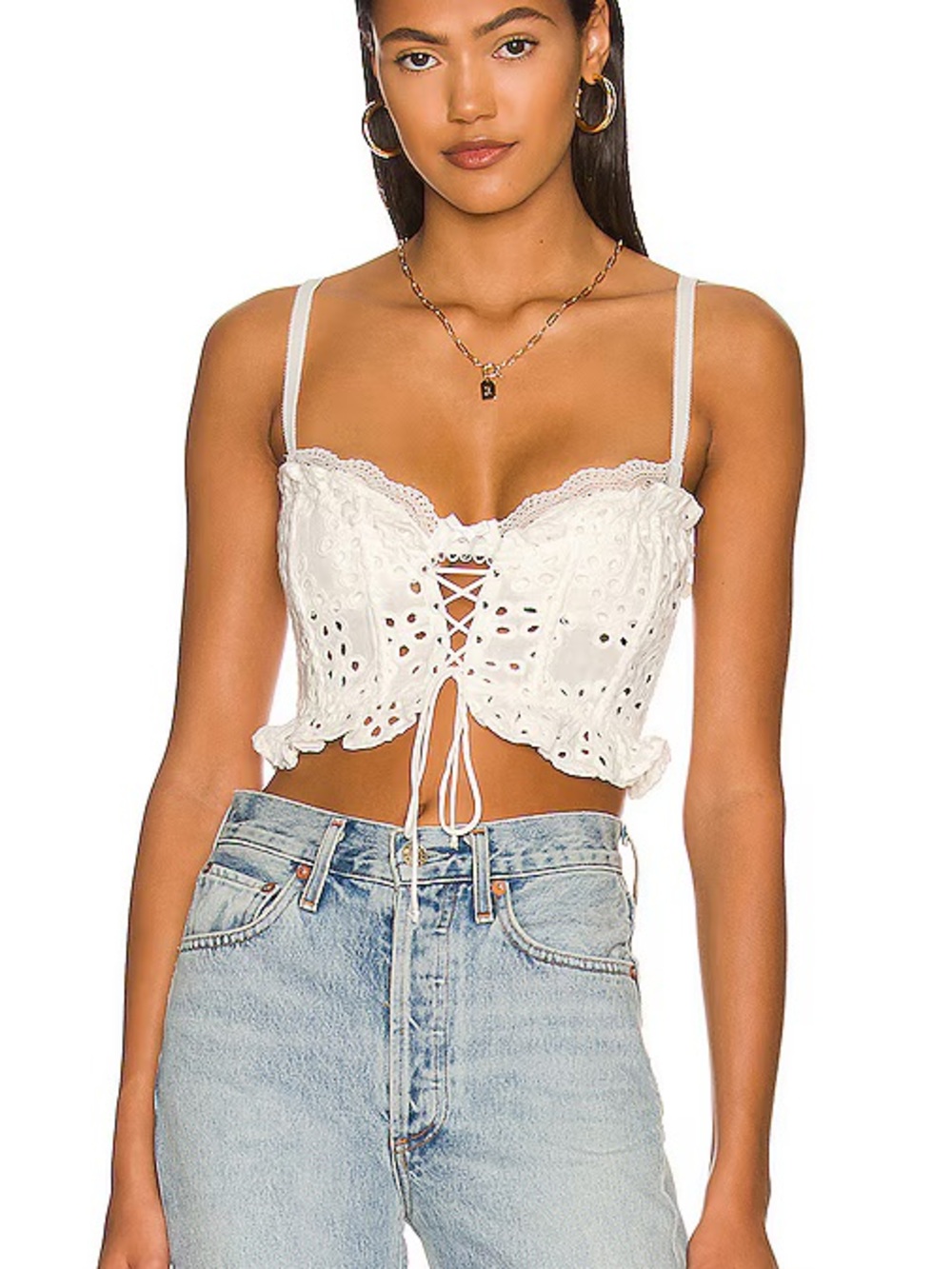 for love & lemons - Lace Eyelet Tie-Front Bustier Crop Top